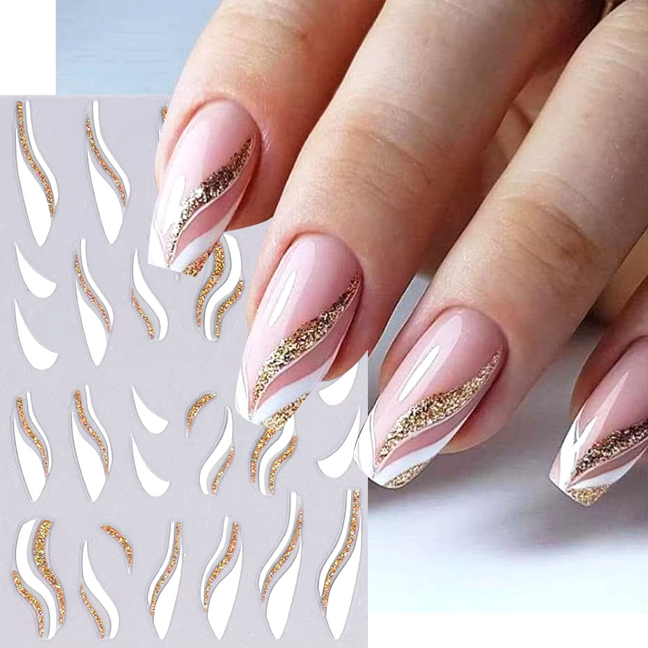 Nail Art Rose Gold - 1pcs 골드 반짝이 프랑스어 디자인 네일