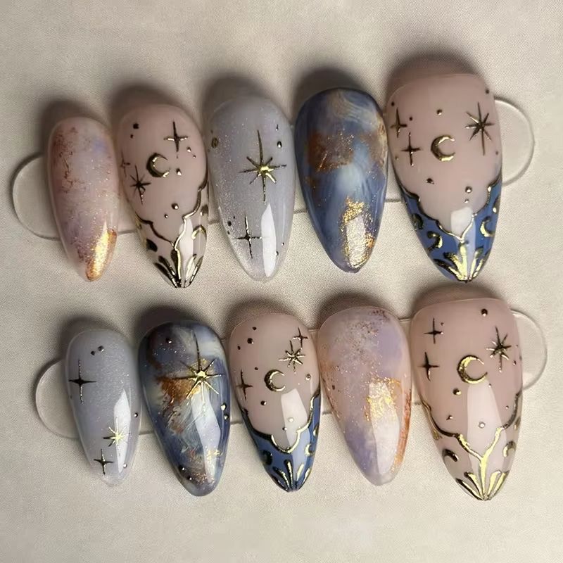 Nail Art French Nails - 24개 짧은 아몬드 네일 세트 풀커버