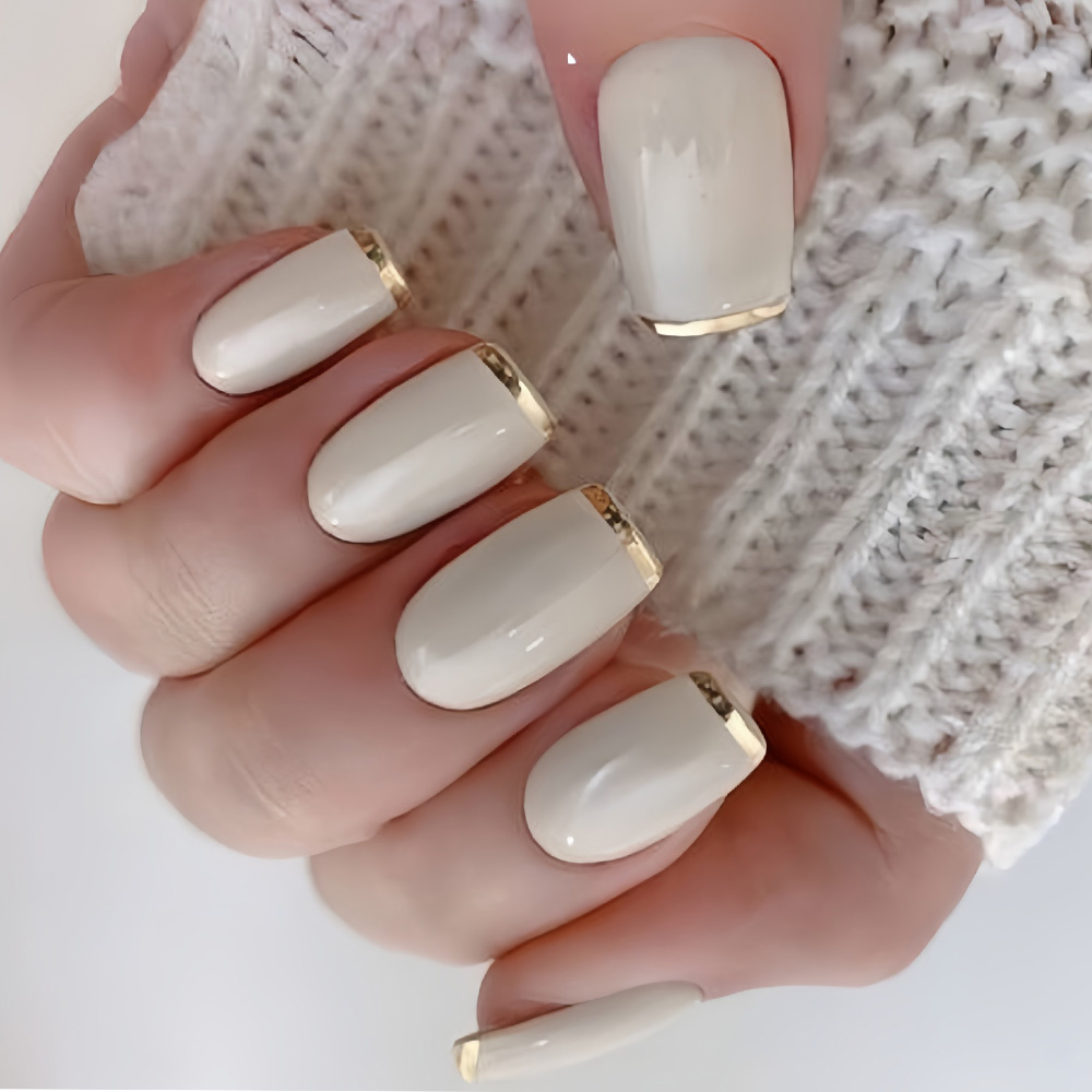 Nail Art French Nails - 여성용 중간 사이즈 가짜 손톱 베이지