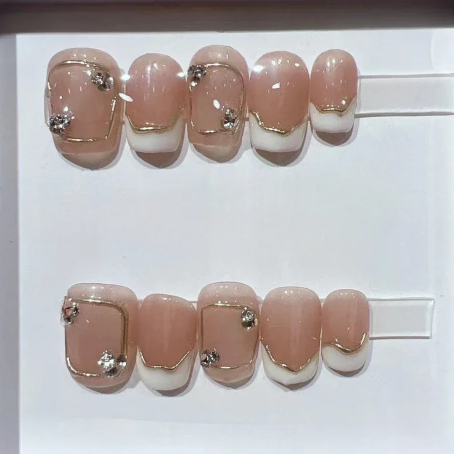 Nail Art French Nails - 짧은 사각형 프랑스 수제 가짜 손톱,