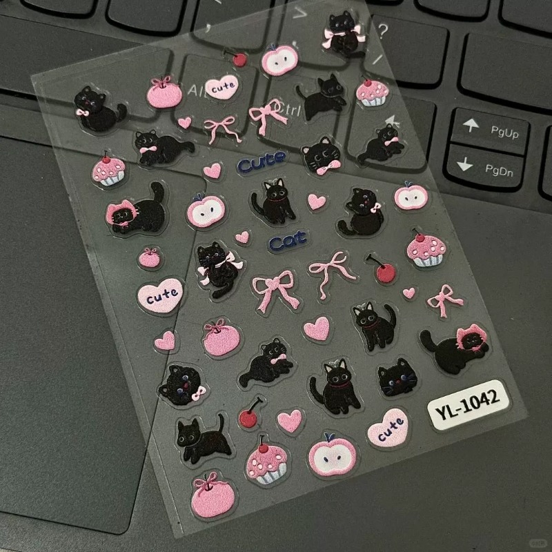 Nail Art Motif - 귀여운 만화 리본 검은 고양이 3D