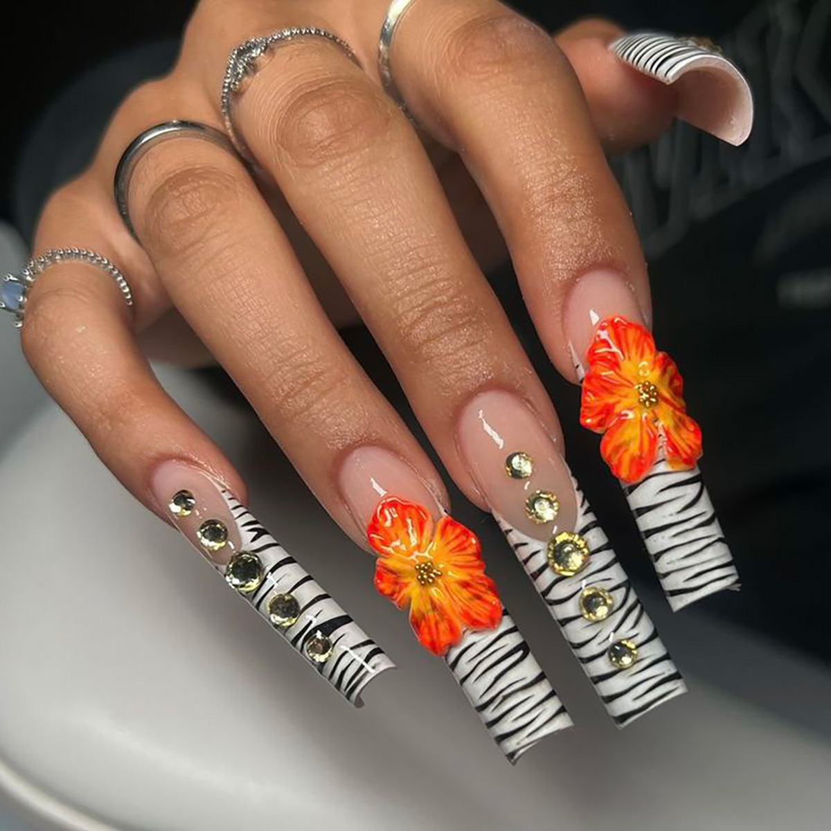 Nail Art French Nails - 24개 꽃무늬 프레스온 네일 아트 라인