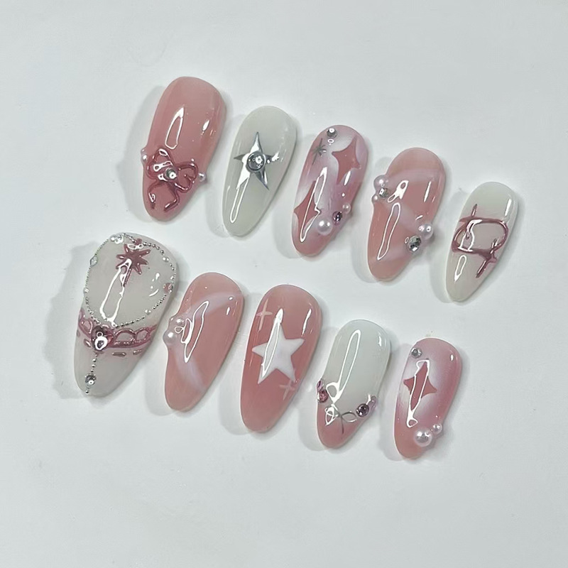 24개 짧은 아몬드 네일 세트 풀커버 별 달 웨이브 프 - Nail Art French Nails 리뷰 및 가격