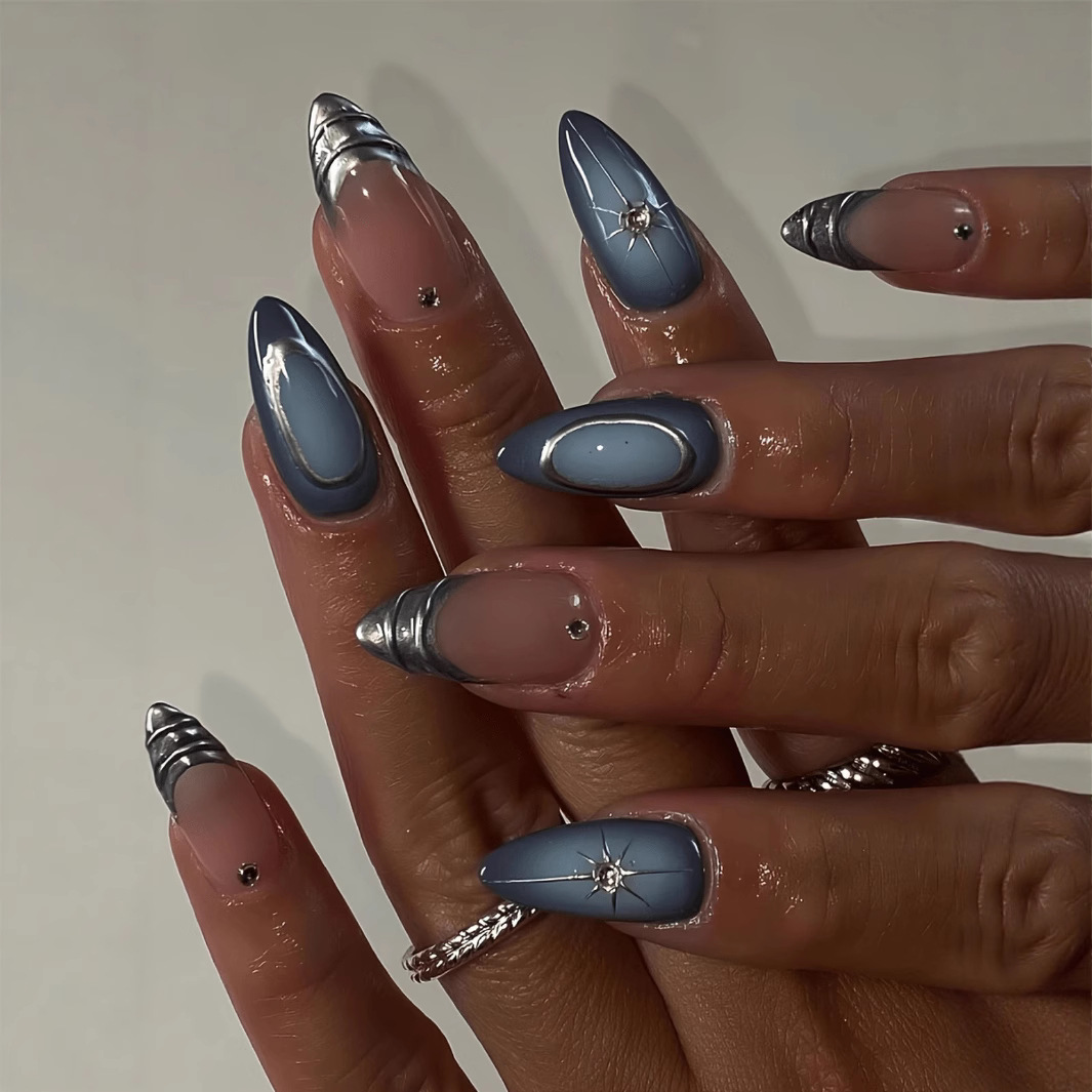 24개 짧은 아몬드 네일 세트 풀커버 별 달 웨이브 프 - Nail Art French Nails 리뷰 및 가격