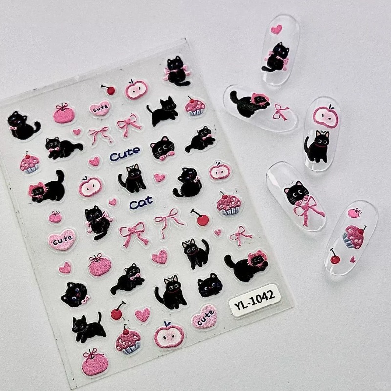 귀여운 만화 리본 검은 고양이 3D 릴리프 스티커 사랑 - Nail Art Motif 리뷰 및 가격