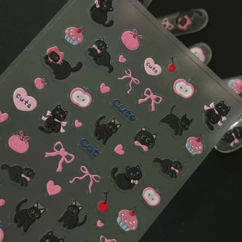 귀여운 만화 리본 검은 고양이 3D 릴리프 스티커 사랑 - Nail Art Motif 리뷰 및 가격