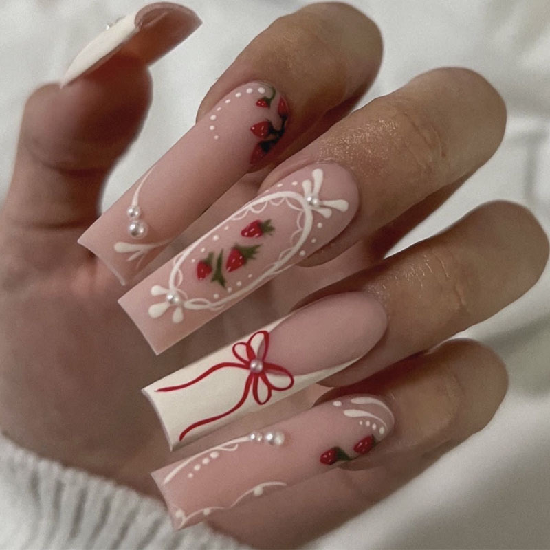 24개 꽃무늬 프레스온 네일 아트 라인 프렌치 팁 롱  - Nail Art French Nails 리뷰 및 가격