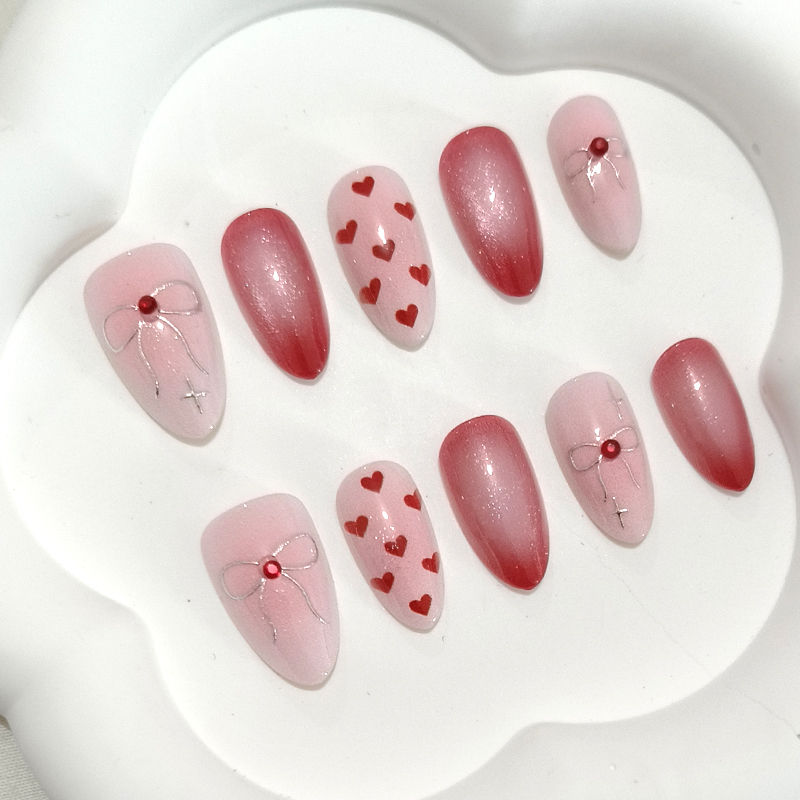 10개입 달콤하고 귀여운 하트 모양 프린트 짧은 아몬드 - Nail Art French Nails 리뷰 및 가격